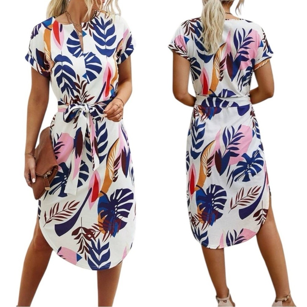 Shein Tropical Leaf Print Dress With Tie Belt, Casual Midi‎ Dress Size M